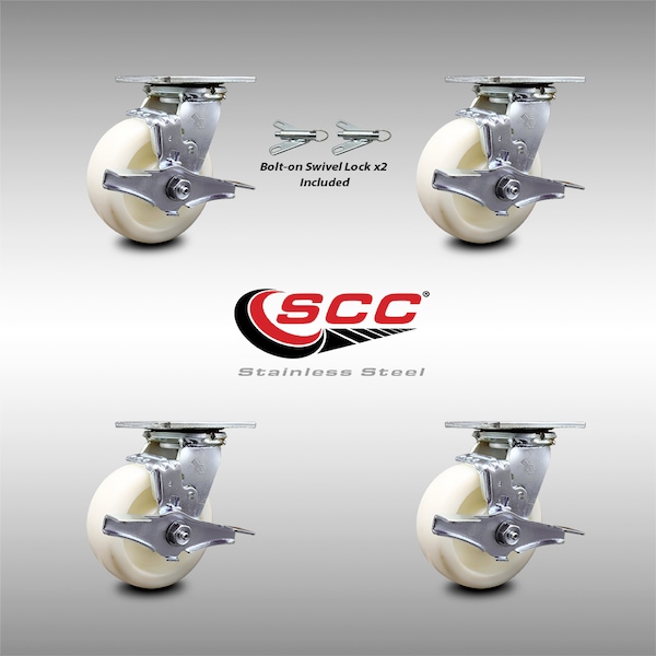 Service Caster 5 Inch Stainless Steel Nylon Caster Set with Roll Bearings 4 Brake 2 Swivel Lock SCC-SS30S520-NYR-TLB-BSL-2-TLB-2 - main